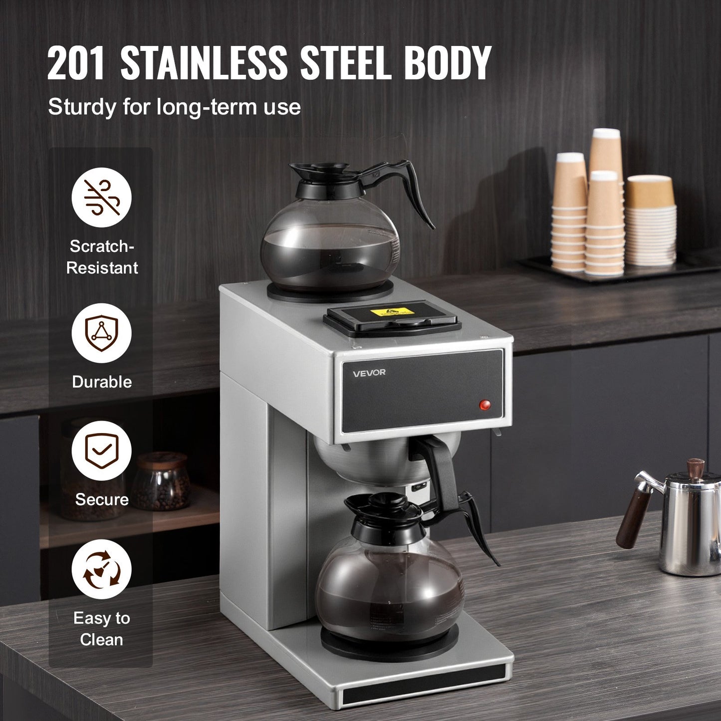 Commercial Drip Coffee Maker, 12 Cups Coffee-Maker Machine with 2 Glass Carafes and 2 Decanter Warmer Plates, Stainless Steel Drip Style Coffee Brewer, for Restaurant, Office, Coffee Shop & Home