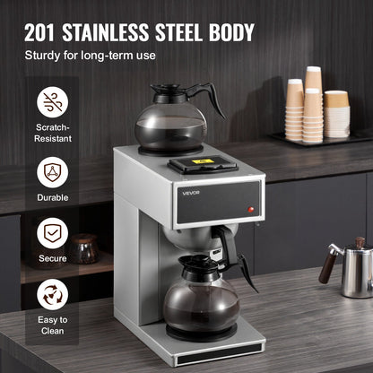 Commercial Drip Coffee Maker, 12 Cups Coffee-Maker Machine with 2 Glass Carafes and 2 Decanter Warmer Plates, Stainless Steel Drip Style Coffee Brewer, for Restaurant, Office, Coffee Shop & Home