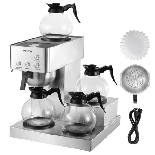 Commercial Drip Coffee Maker, 12 Cups Coffee-Maker Machine with 4 Glass Carafes and 4 Decanter Warmer Plates, Stainless Steel Drip Style Coffee Brewer, for Restaurant, Office, Coffee Shop & Home