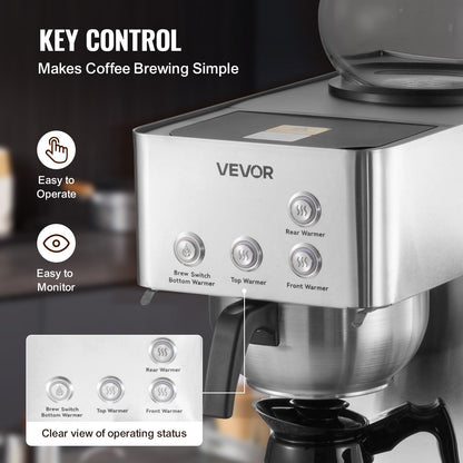 Commercial Drip Coffee Maker, 12 Cups Coffee-Maker Machine with 4 Glass Carafes and 4 Decanter Warmer Plates, Stainless Steel Drip Style Coffee Brewer, for Restaurant, Office, Coffee Shop & Home