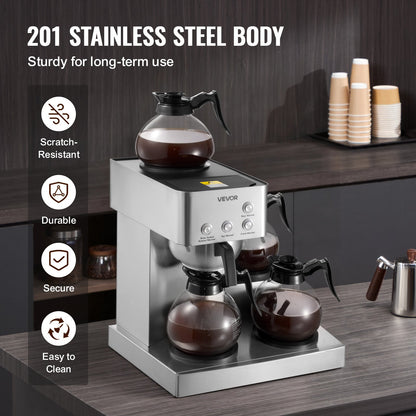 Commercial Drip Coffee Maker, 12 Cups Coffee-Maker Machine with 4 Glass Carafes and 4 Decanter Warmer Plates, Stainless Steel Drip Style Coffee Brewer, for Restaurant, Office, Coffee Shop & Home