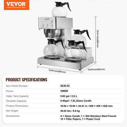 Commercial Drip Coffee Maker, 12 Cups Coffee-Maker Machine with 4 Glass Carafes and 4 Decanter Warmer Plates, Stainless Steel Drip Style Coffee Brewer, for Restaurant, Office, Coffee Shop & Home