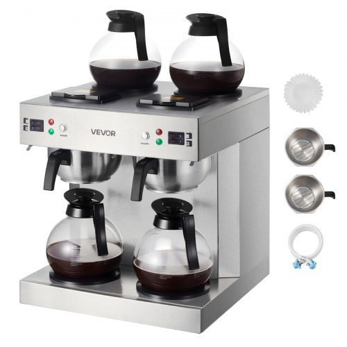 Commercial Drip Coffee Maker, 24 Cups Coffee-Maker Machine with 4 Glass Carafes and 4 Decanter Warmer Plates, Stainless Steel Dual-Head Coffee Brewer, for Restaurant, Office, Coffee Shop & Home