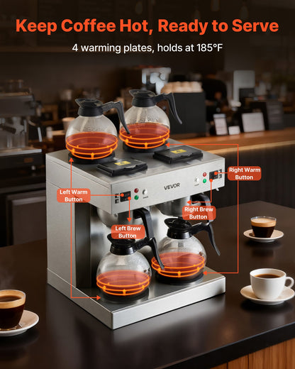 Commercial Drip Coffee Maker, 24 Cups Coffee-Maker Machine with 4 Glass Carafes and 4 Decanter Warmer Plates, Stainless Steel Dual-Head Coffee Brewer, for Restaurant, Office, Coffee Shop & Home