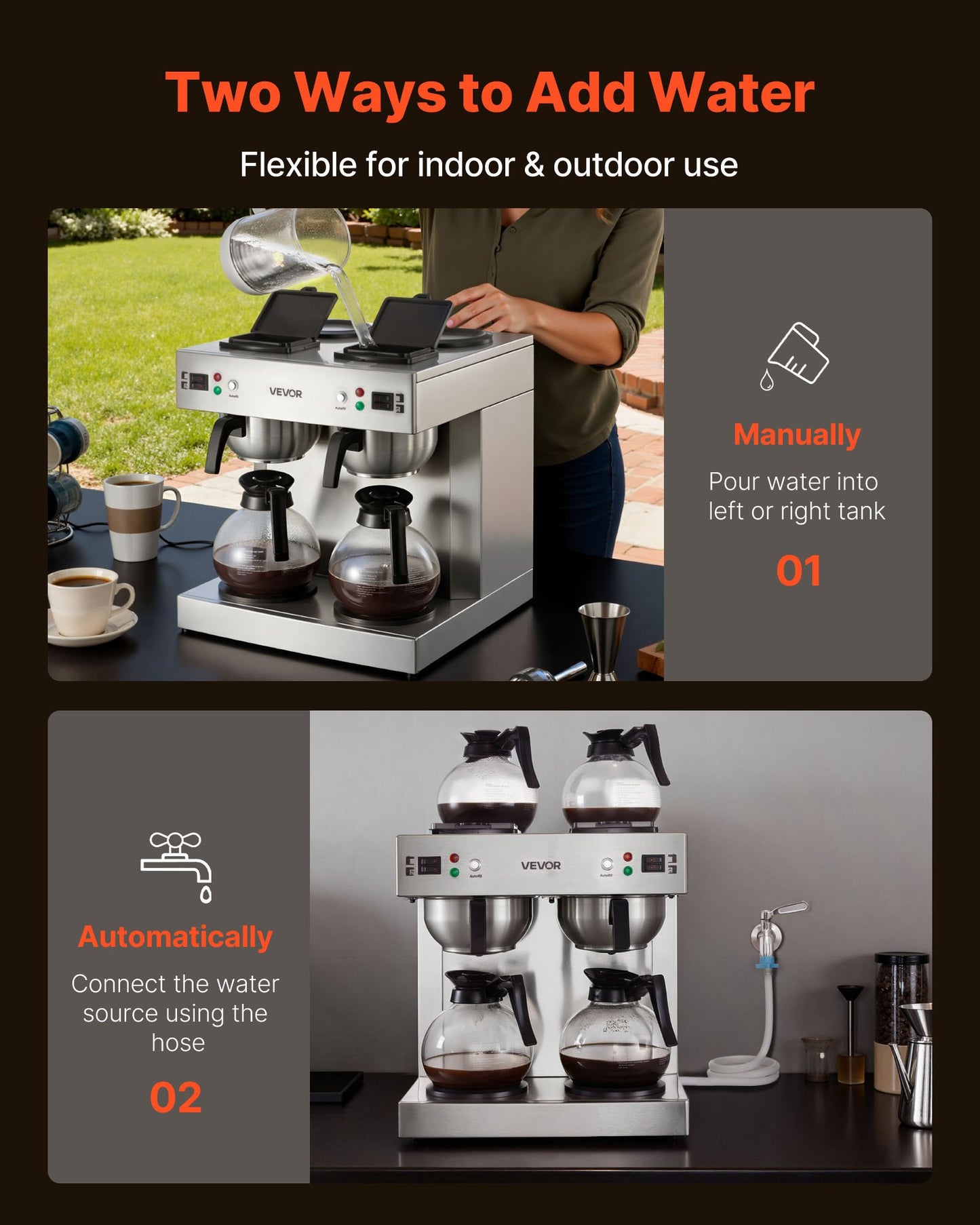 Commercial Drip Coffee Maker, 24 Cups Coffee-Maker Machine with 4 Glass Carafes and 4 Decanter Warmer Plates, Stainless Steel Dual-Head Coffee Brewer, for Restaurant, Office, Coffee Shop & Home