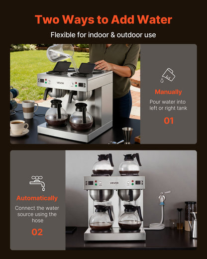 Commercial Drip Coffee Maker, 24 Cups Coffee-Maker Machine with 4 Glass Carafes and 4 Decanter Warmer Plates, Stainless Steel Dual-Head Coffee Brewer, for Restaurant, Office, Coffee Shop & Home
