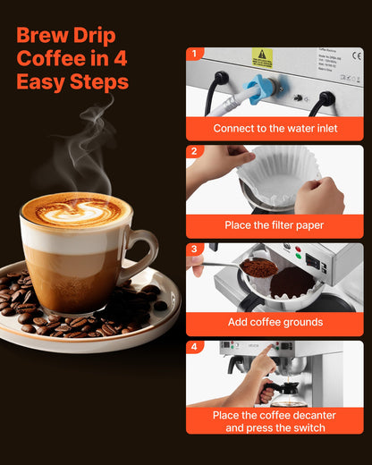 Commercial Drip Coffee Maker, 24 Cups Coffee-Maker Machine with 4 Glass Carafes and 4 Decanter Warmer Plates, Stainless Steel Dual-Head Coffee Brewer, for Restaurant, Office, Coffee Shop & Home