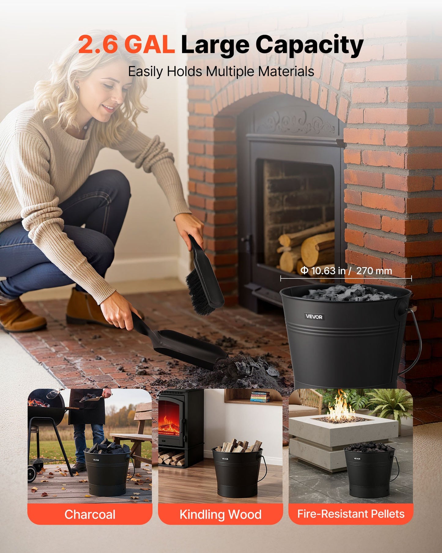 Ash Bucket, 4 PCS with Lid, Shovel, Broom and Gloves, Metal Fireplace Charcoal Bucket and Ash Can, 2.6 GAL Large Capacity for Fireplace, Fire Pits, Wood Burning Stoves, Indoor and Outdoor