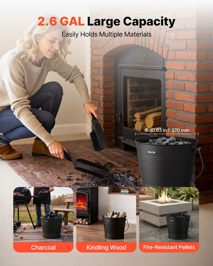 Ash Bucket, 4 PCS with Lid, Shovel, Broom and Gloves, Metal Fireplace Charcoal Bucket and Ash Can, 2.6 GAL Large Capacity for Fireplace, Fire Pits, Wood Burning Stoves, Indoor and Outdoor