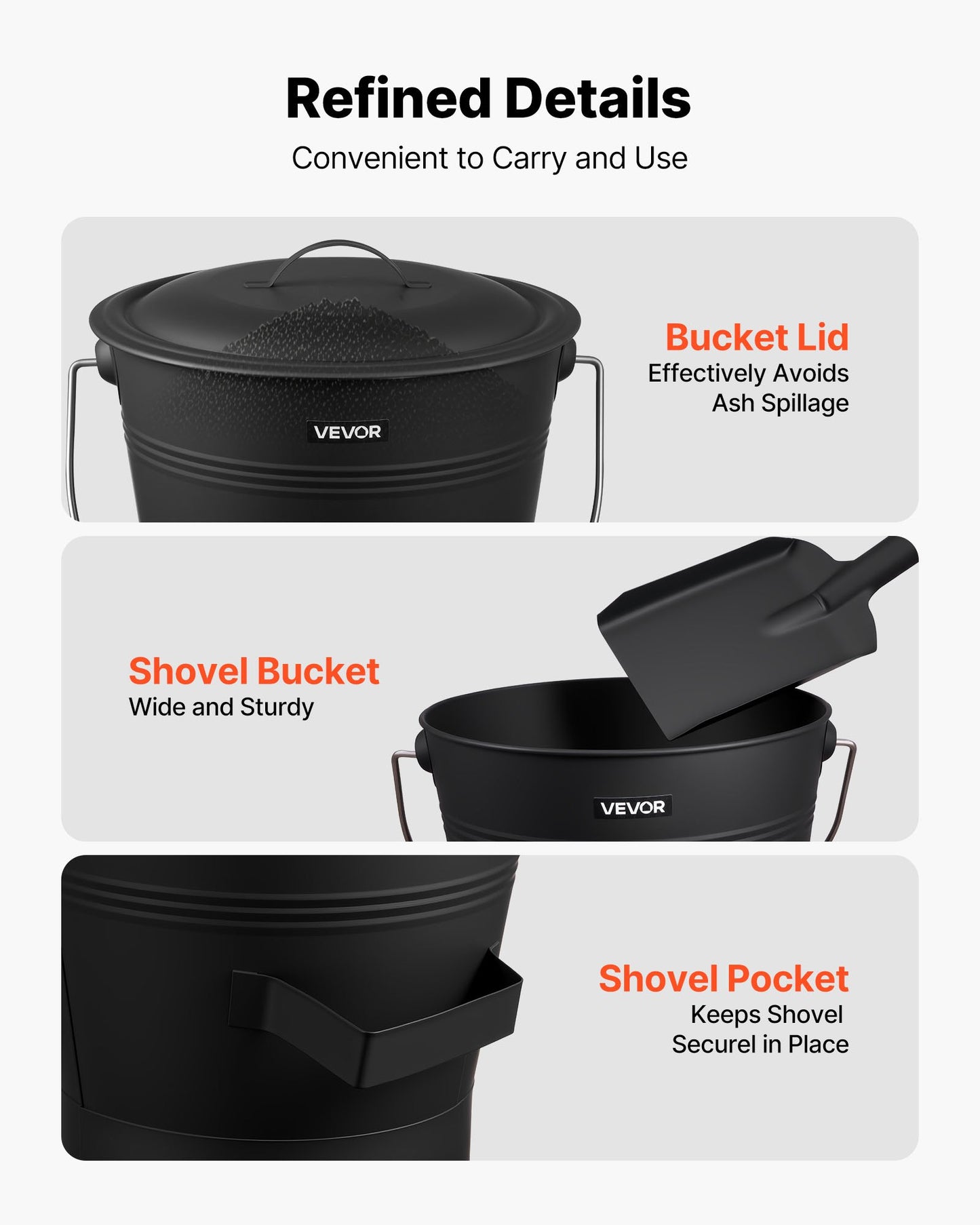 Ash Bucket, 4 PCS with Lid, Shovel, Broom and Gloves, Metal Fireplace Charcoal Bucket and Ash Can, 2.6 GAL Large Capacity for Fireplace, Fire Pits, Wood Burning Stoves, Indoor and Outdoor