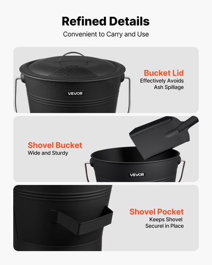 Ash Bucket, 4 PCS with Lid, Shovel, Broom and Gloves, Metal Fireplace Charcoal Bucket and Ash Can, 2.6 GAL Large Capacity for Fireplace, Fire Pits, Wood Burning Stoves, Indoor and Outdoor