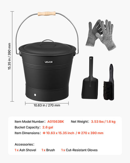 Ash Bucket, 4 PCS with Lid, Shovel, Broom and Gloves, Metal Fireplace Charcoal Bucket and Ash Can, 2.6 GAL Large Capacity for Fireplace, Fire Pits, Wood Burning Stoves, Indoor and Outdoor