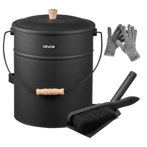 Ash Bucket, 4 PCS with Lid, Shovel, Broom and Gloves, Metal Fireplace Charcoal Bucket and Ash Can, 4 GAL Large Capacity for Fireplace, Fire Pits, Wood Burning Stoves, Indoor and Outdoor