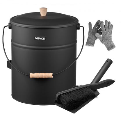 Ash Bucket, 4 PCS with Lid, Shovel, Broom and Gloves, Metal Fireplace Charcoal Bucket and Ash Can, 4 GAL Large Capacity for Fireplace, Fire Pits, Wood Burning Stoves, Indoor and Outdoor