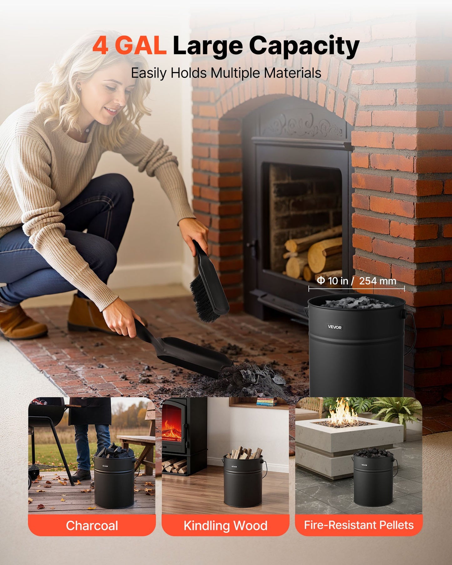Ash Bucket, 4 PCS with Lid, Shovel, Broom and Gloves, Metal Fireplace Charcoal Bucket and Ash Can, 4 GAL Large Capacity for Fireplace, Fire Pits, Wood Burning Stoves, Indoor and Outdoor