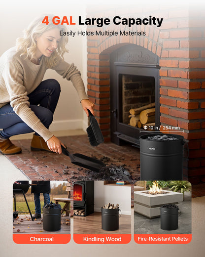 Ash Bucket, 4 PCS with Lid, Shovel, Broom and Gloves, Metal Fireplace Charcoal Bucket and Ash Can, 4 GAL Large Capacity for Fireplace, Fire Pits, Wood Burning Stoves, Indoor and Outdoor