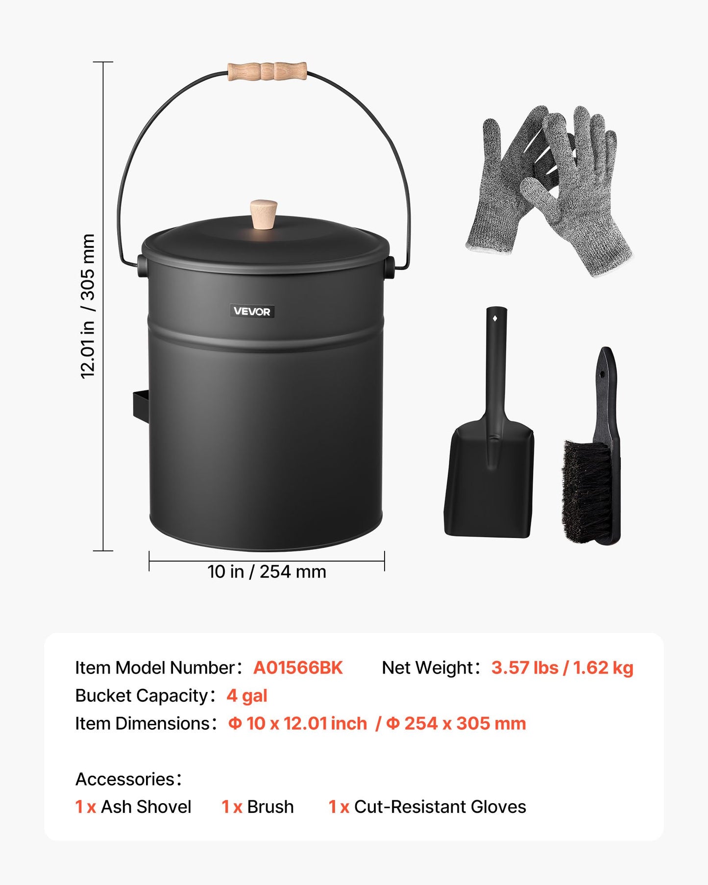 Ash Bucket, 4 PCS with Lid, Shovel, Broom and Gloves, Metal Fireplace Charcoal Bucket and Ash Can, 4 GAL Large Capacity for Fireplace, Fire Pits, Wood Burning Stoves, Indoor and Outdoor