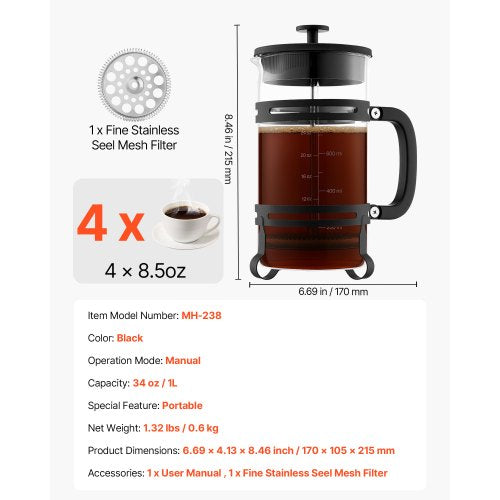 French Press Kaffebryggare 1L Borosilikatglas Kaffe Tepress Silver |  EU