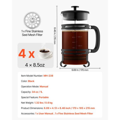French Press Kaffebryggare 1L Borosilikatglas Kaffe Tepress Silver |  EU