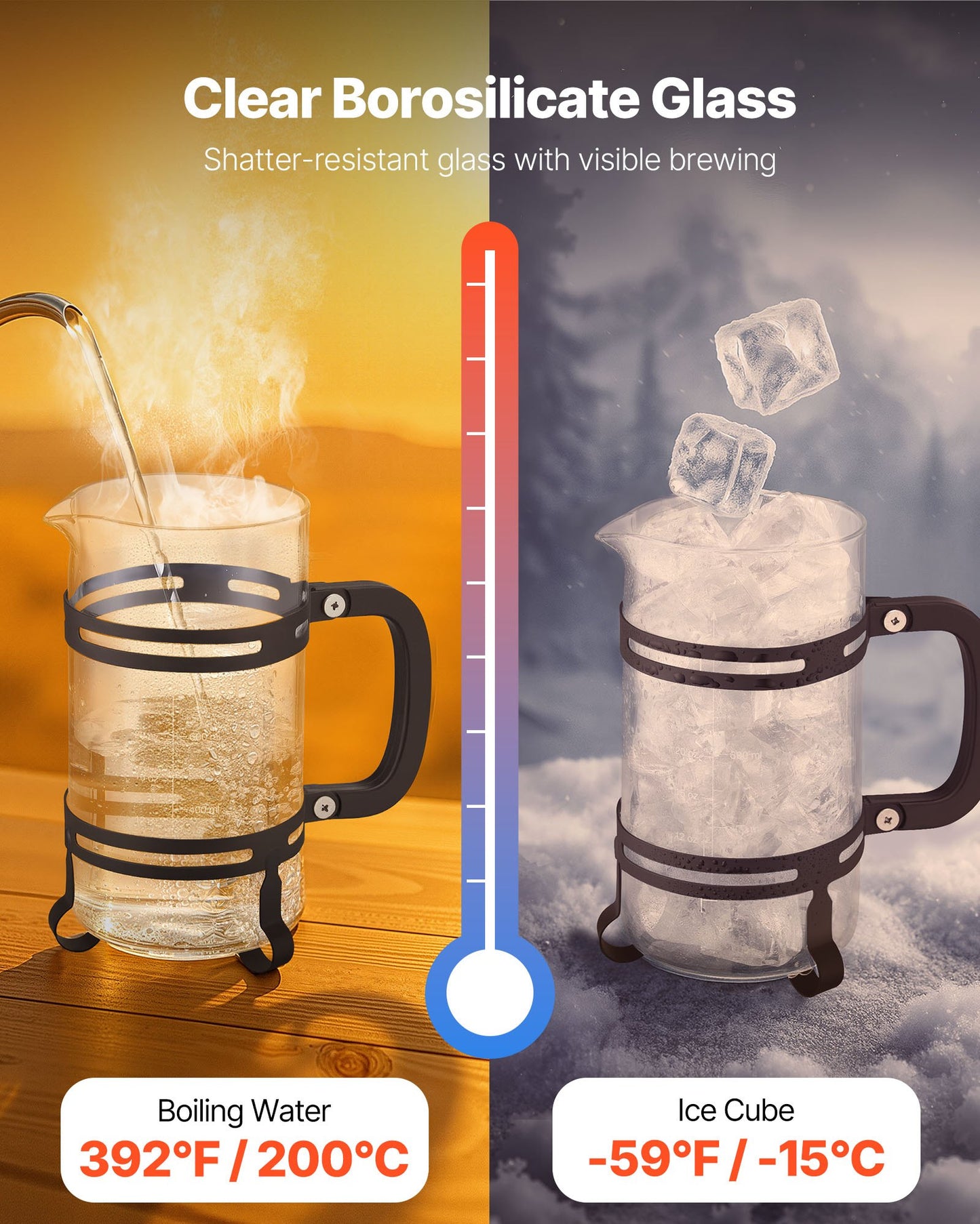 French Press Coffee Maker, 34 Ounce 1 Liter Borosilicate Glass Coffee Press Tea Maker with Stainless Steel Filter, Large Glass French Presses Cold Brew for Camping Travel Home Kitchen, Silver