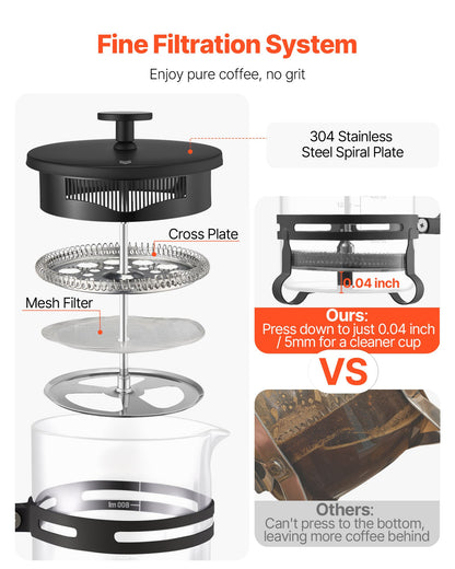 French Press Coffee Maker, 34 Ounce 1 Liter Borosilicate Glass Coffee Press Tea Maker with Stainless Steel Filter, Large Glass French Presses Cold Brew for Camping Travel Home Kitchen, Silver