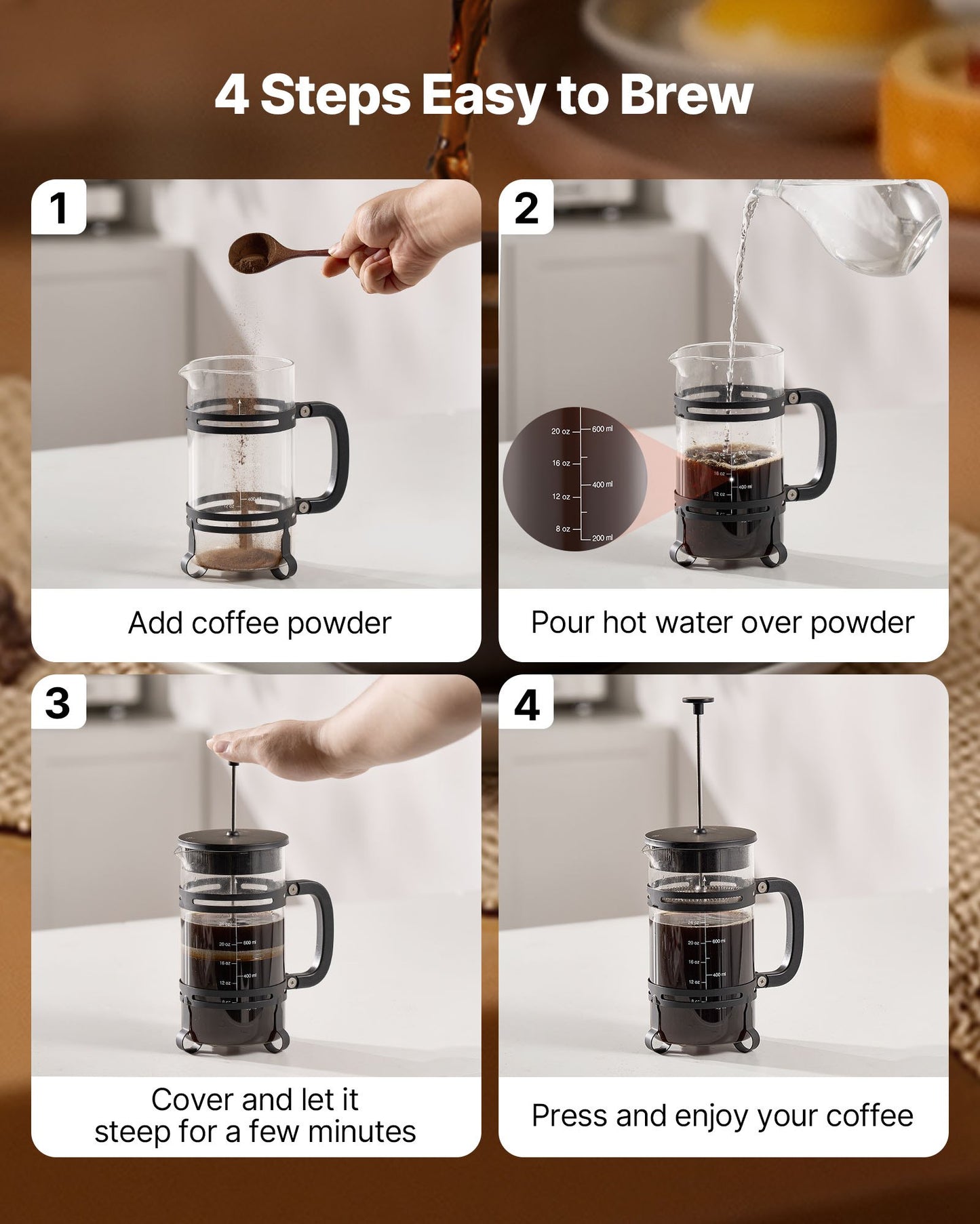 French Press Coffee Maker, 34 Ounce 1 Liter Borosilicate Glass Coffee Press Tea Maker with Stainless Steel Filter, Large Glass French Presses Cold Brew for Camping Travel Home Kitchen, Silver