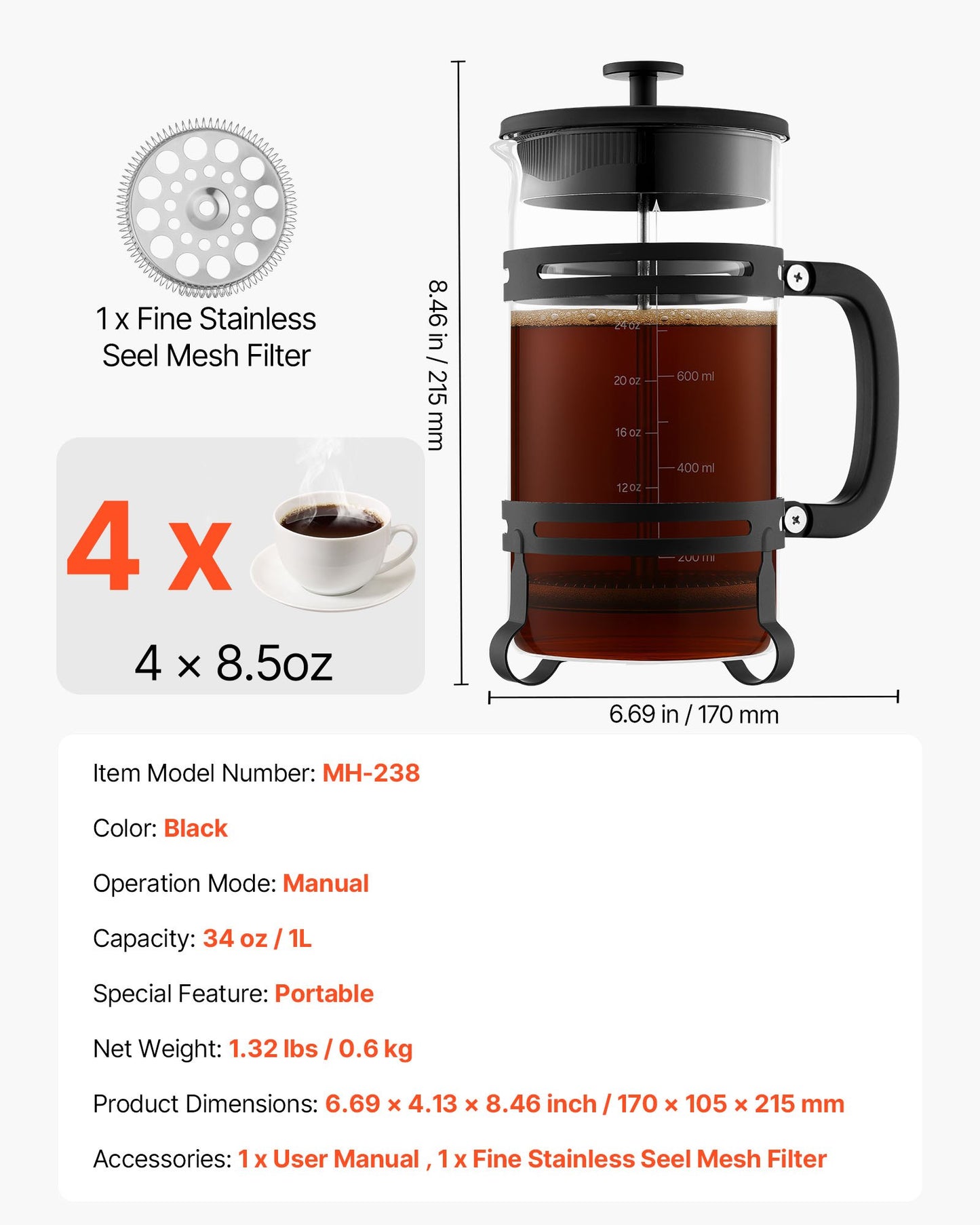 French Press Coffee Maker, 34 Ounce 1 Liter Borosilicate Glass Coffee Press Tea Maker with Stainless Steel Filter, Large Glass French Presses Cold Brew for Camping Travel Home Kitchen, Silver