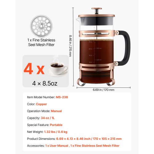 French Press Kaffebryggare 1L Borosilikatglas Kaffe Tepress Koppar |  EU