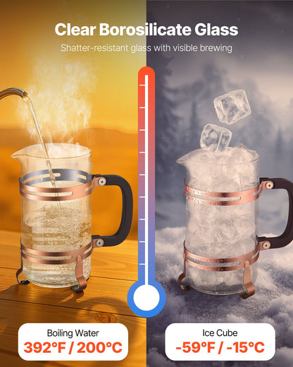 French Press Coffee Maker, 34 Ounce 1 Liter Borosilicate Glass Coffee Press Tea Maker with Stainless Steel Filter, Large Glass French Presses Cold Brew for Camping Travel Home Kitchen, Copper