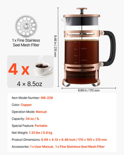 French Press Coffee Maker, 34 Ounce 1 Liter Borosilicate Glass Coffee Press Tea Maker with Stainless Steel Filter, Large Glass French Presses Cold Brew for Camping Travel Home Kitchen, Copper