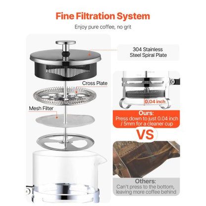 French Press Coffee Maker 1L Borosilicate Glass Coffee Tea Press Silver | EU