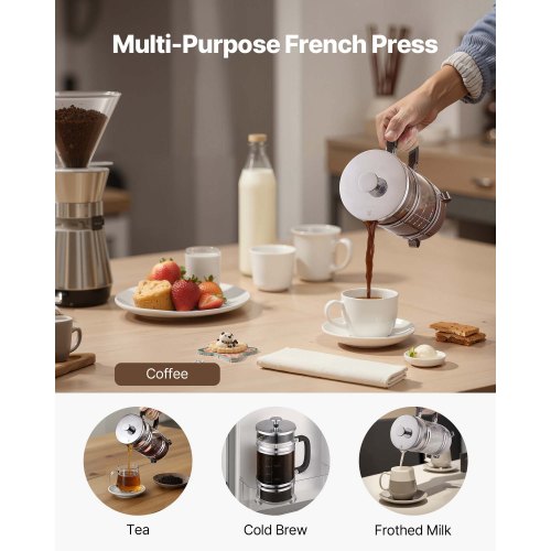 French Press Coffee Maker 1L Borosilicate Glass Coffee Tea Press Silver | EU