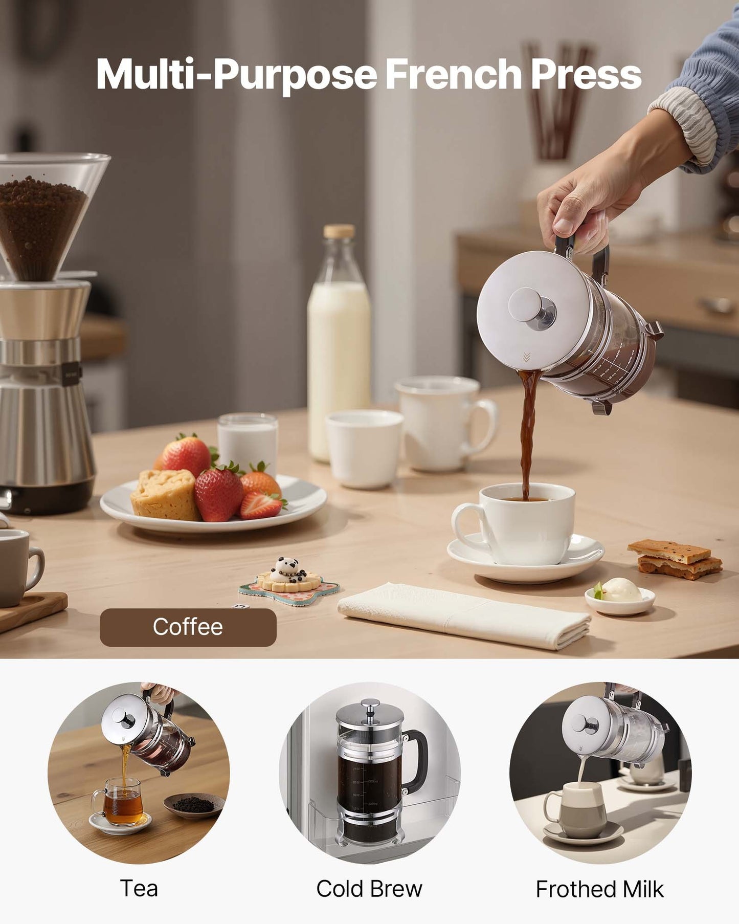 French Press Coffee Maker, 34 Ounce 1 Liter Borosilicate Glass Coffee Press Tea Maker with Stainless Steel Filter, Large Glass French Presses Cold Brew for Camping Travel Home Kitchen, Silver