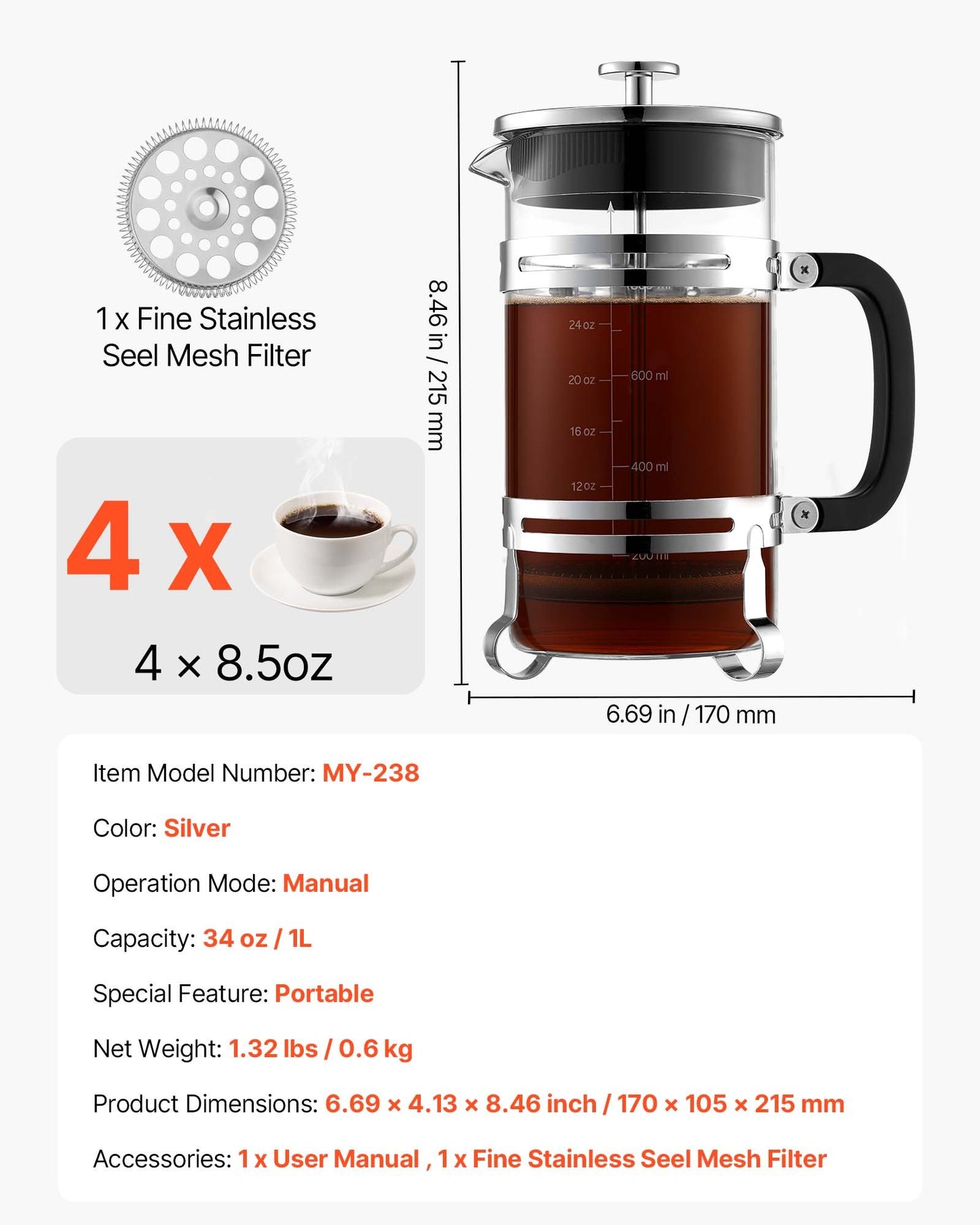 French Press Coffee Maker, 34 Ounce 1 Liter Borosilicate Glass Coffee Press Tea Maker with Stainless Steel Filter, Large Glass French Presses Cold Brew for Camping Travel Home Kitchen, Silver