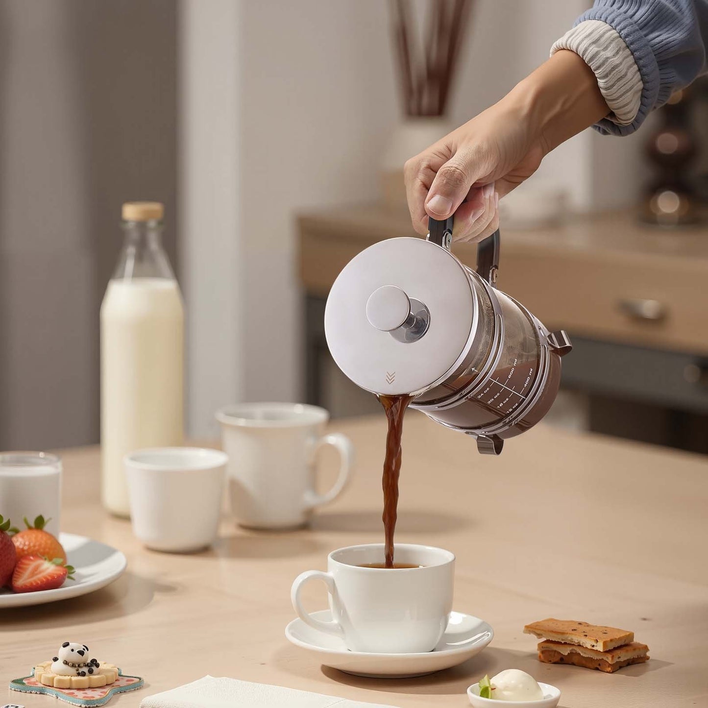 French Press Coffee Maker, 34 Ounce 1 Liter Borosilicate Glass Coffee Press Tea Maker with Stainless Steel Filter, Large Glass French Presses Cold Brew for Camping Travel Home Kitchen, Silver