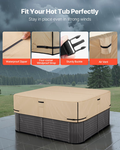 Outdoor Hot Tub Cover, 85 x 85 x 20 Inch Weatherproof and Waterproof Hot Tub Cover Protector, 600D Heavy Duty Oxford Fabric and 950N Tearing Strength, Square Spa Covers for Hottub, Brown