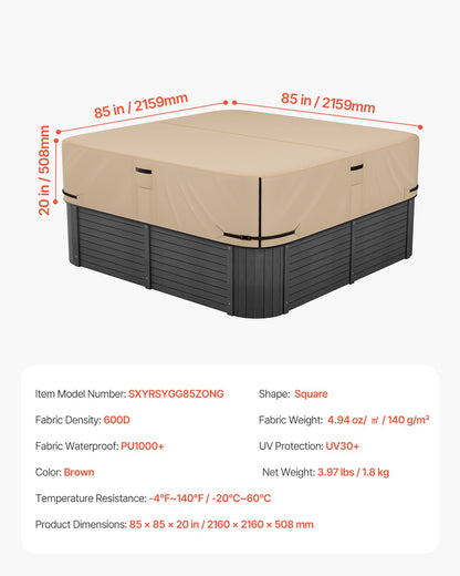 Outdoor Hot Tub Cover, 85 x 85 x 20 Inch Weatherproof and Waterproof Hot Tub Cover Protector, 600D Heavy Duty Oxford Fabric and 950N Tearing Strength, Square Spa Covers for Hottub, Brown