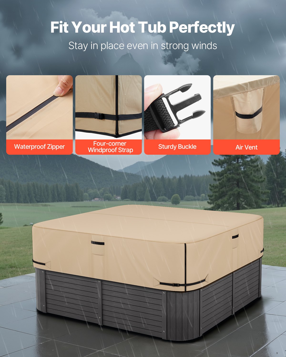 Outdoor Hot Tub Cover, 95 x 95 x 20 Inch Weatherproof and Waterproof Hot Tub Cover Protector, 600D Heavy Duty Oxford Fabric and 950N Tearing Strength, Square Spa Covers for Hottub, Brown