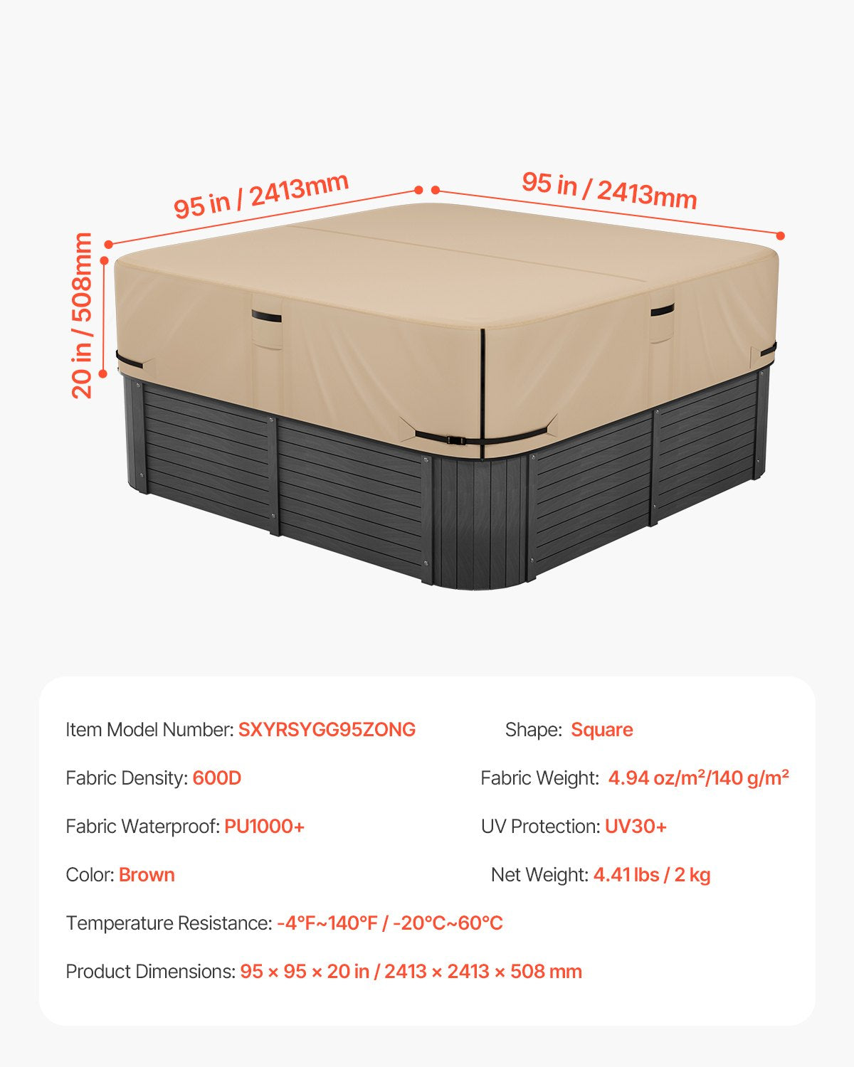 Outdoor Hot Tub Cover, 95 x 95 x 20 Inch Weatherproof and Waterproof Hot Tub Cover Protector, 600D Heavy Duty Oxford Fabric and 950N Tearing Strength, Square Spa Covers for Hottub, Brown