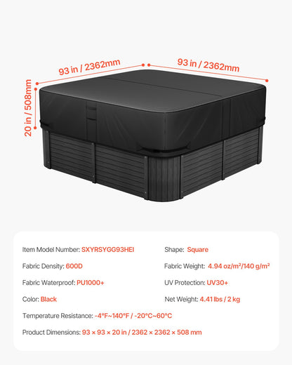 Outdoor Hot Tub Cover, 93 x 93 x 20 Inch Weatherproof and Waterproof Hot Tub Cover Protector, 600D Heavy Duty Oxford Fabric and 950N Tearing Strength, Square Spa Covers for Hottub, Black