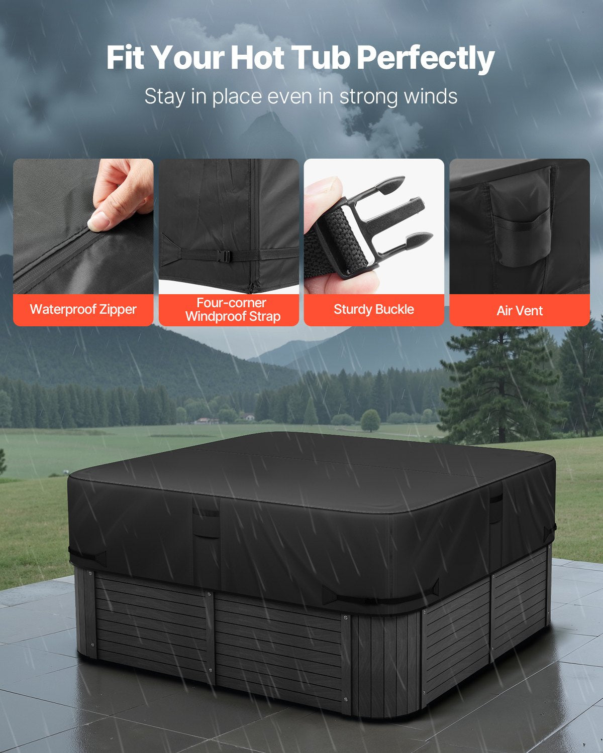 Outdoor Hot Tub Cover, 80 x 80 x 20 Inch Weatherproof and Waterproof Hot Tub Cover Protector, 600D Heavy Duty Oxford Fabric and 950N Tearing Strength, Square Spa Covers for Hottub, Black