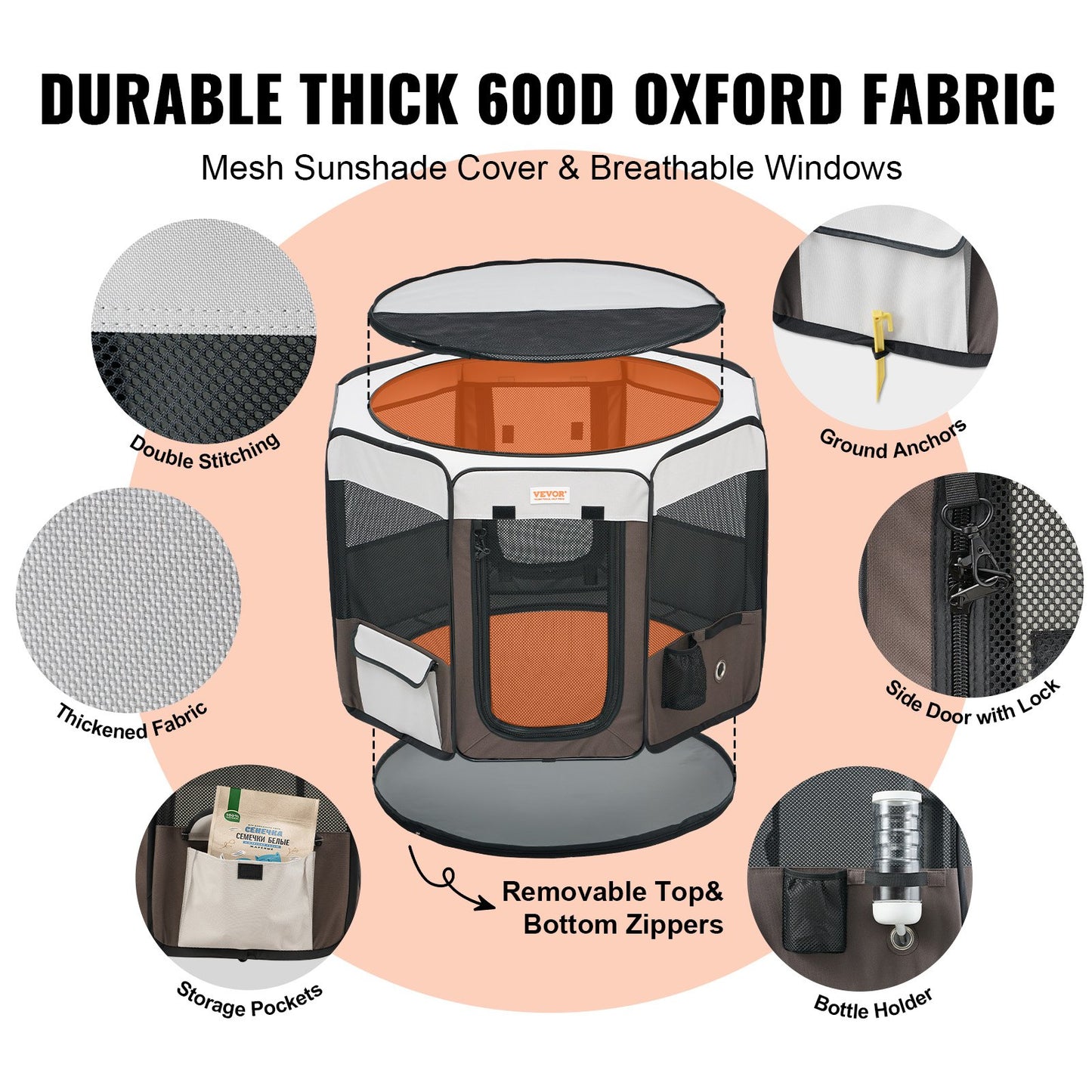 Foldable Pet Playpen, 36 Inch Portable Dog Playpen, Kennel for Puppy, Dog, Cat, Premium Waterproof 600D Oxford Cloth, Removable Zipper, for Indoor Outdoor Travel and Camping Use (Octagon, M)