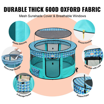 Faltbarer Laufstall für Haustiere, 112 x 112 x 61 cm, tragbarer Hundelaufstall, Box-Zwinger für Welpen, Hunde, Katzen, wasserdichtes 600D-Oxford-Gewebe, abnehmbarer Reißverschluss, für Indoor-Camping im Freien (rund, L)