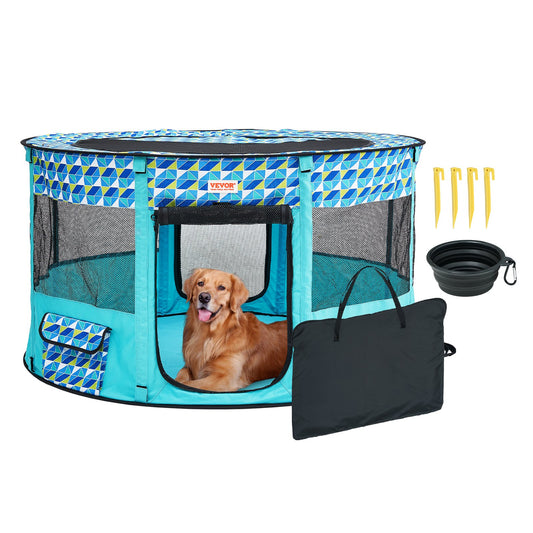 Foldable Pet Playpen, 44'' x 44'' x 24'' Portable Dog Playpen, Box Kennel for Puppy, Dog, Cat, Waterproof 600D Oxford Cloth, Removable Zipper, for Indoor Camping Outdoor (Round, L)