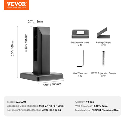 Glasklämma 10 ST Fyrkantigt räckesfäste för 0,31"-0,47" glassvart