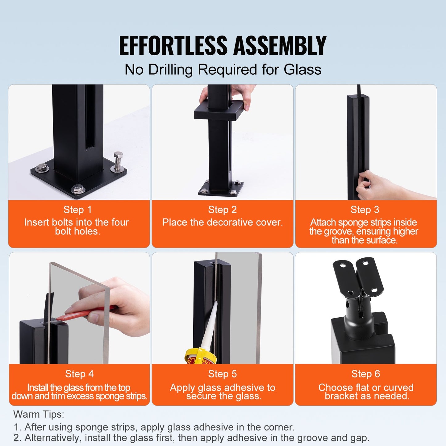 Glasklämma 35,83" H räckesfäste för 0,39"-0,47" glas svart svart