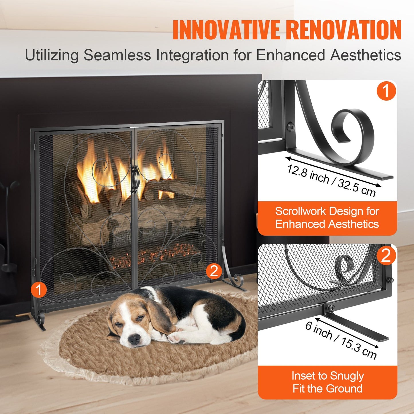 Fireplace Screen 2 Panel with Door, Heavy Duty Iron Mesh Fireplace Screen, 990(L) x802(H)MM Spark Guard Cover, Easy Installation, Freestanding Fire Fence Grille for Living Room Home Decor Vintage