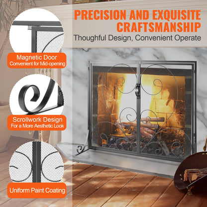 Fireplace Screen 2 Panel with Door, Heavy Duty Iron Mesh Fireplace Screen, 990(L) x802(H)MM Spark Guard Cover, Easy Installation, Freestanding Fire Fence Grille for Living Room Home Decor Vintage