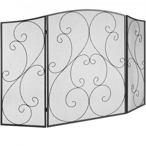 Fireplace Screen 3 Panel, Sturdy Iron Mesh Fireplace Screen, 48"(L) x30.2"(H) Spark Guard Cover, No Assembly Required, Free Standing Fireplace Fence Grate for Living Room Home Decor Vintage Blac