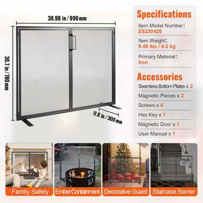 Fireplace Screen 1 Panel with Door, Heavy Duty Iron Mesh Fireplace Screen, 990(L) x780(H)MM Spark Guard Cover, Easy Installation, Freestanding Fire Fence Grille for Living Room Home Decor Modern